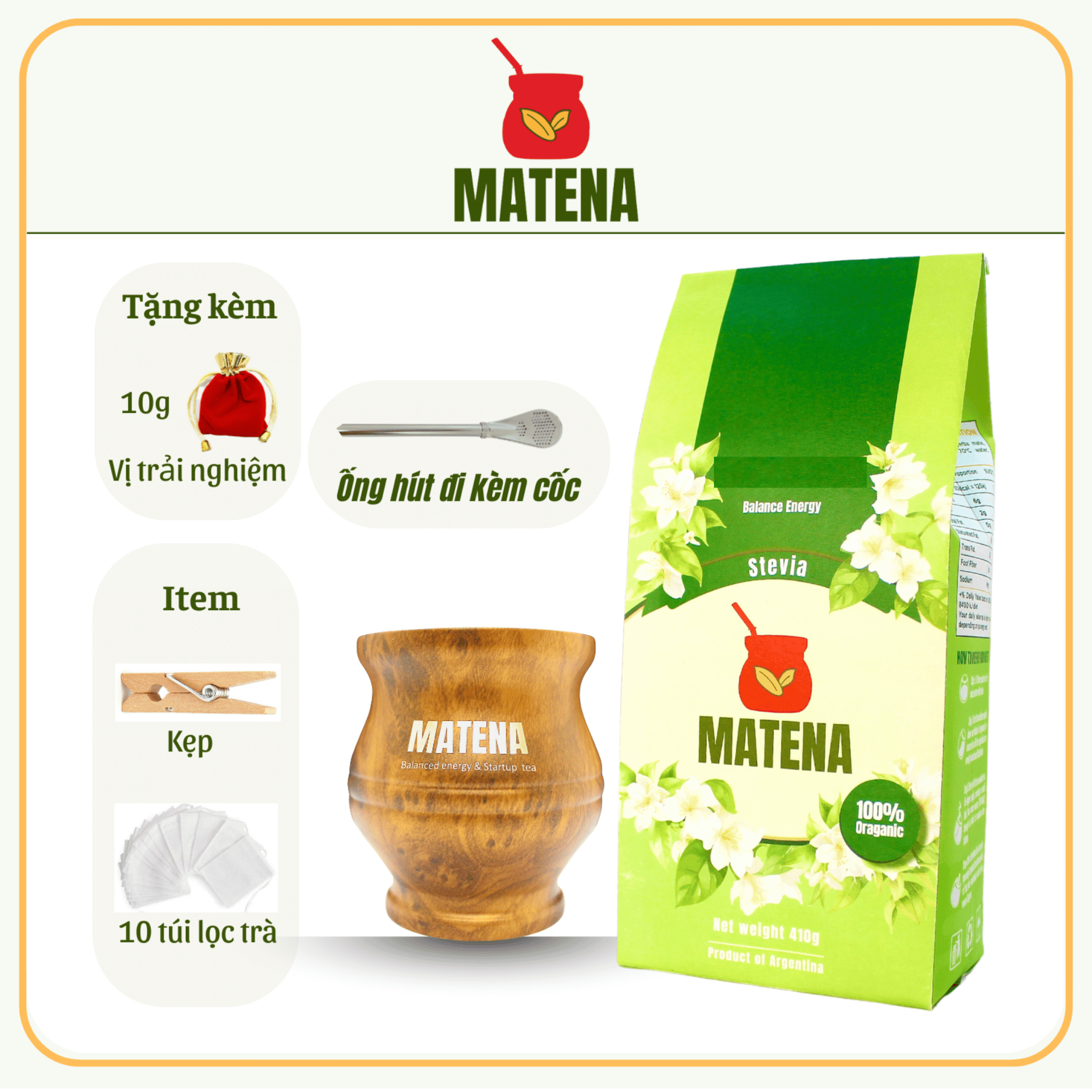 (Combo Trà + Cốc) Trà Nam Mỹ Yerba Mate dòng Cỏ Ngọt
